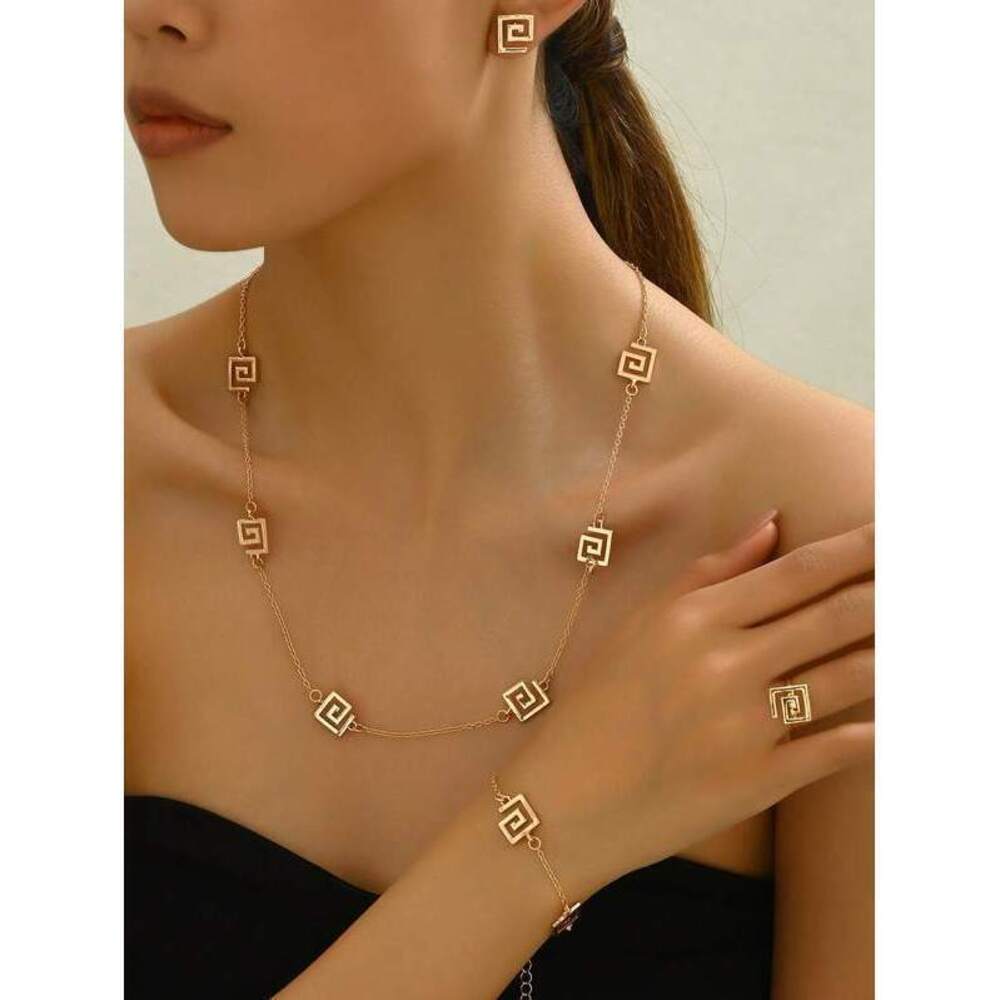 Retro Minimalist 18K Gold Plated Jewelry Set - Zinc Alloy Geometric Pattern